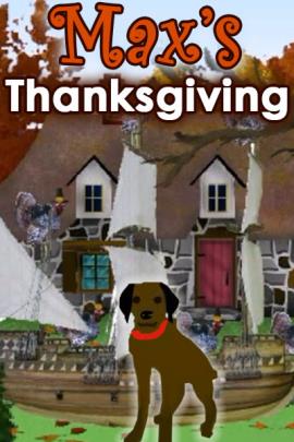A chocolate lab sits in front of a cute little cottage. There is a small replica of one of the pilgrim's ships behind the dog.