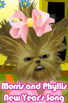 A fluffy-haired creature named Phyllis, wearing a pink bow in her hair. The ecard title Morris and Phyllis New Year’s Song.