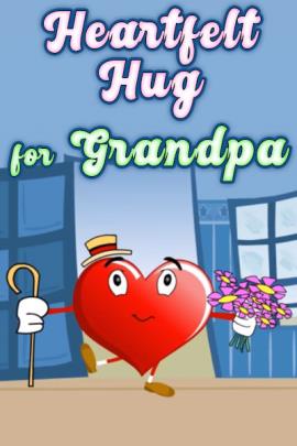 A smiling heart. He is wearing a straw hat, and clutching a cane in one hand, and a bouquet of flowers in the other.