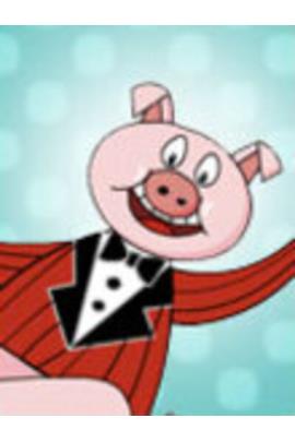 A dancing pis hold a top hat and cane in his hands, and dances cheerfully.