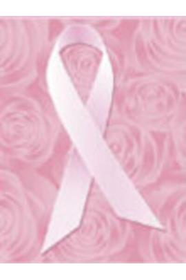 A pink breast cancer awareness bow against a pink background.