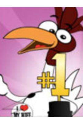 A chicken stands at the podium of an awards show, and there is a #1 trophy in front of him.