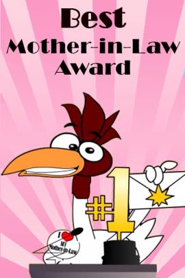 A chicken presents an award at an award show. There is a large #1 trophy on the podium in front of him.