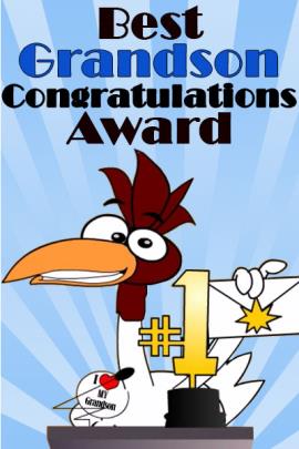 A chicken stands at the podium of an awards show, where it is presenting a #1 trophy.