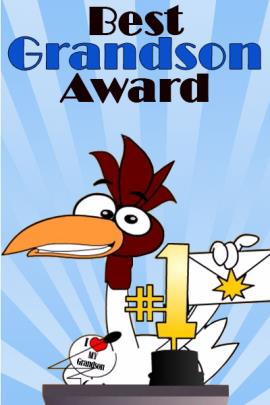 A chicken award show presenter. There is a #1 trophy on the podium in front of him.