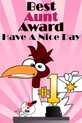 A chicken presents an award at an award show. There is a large #1 trophy on the podium in front of him.