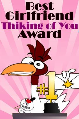 A chicken with a #1 trophy. He is presenting it at an award show.
