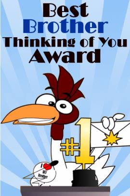 A chicken stands at the podium of an awards show with a gold #1 trophy in front of him.