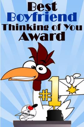A chicken with a big #1 trophy. He is presenting the trophy at an award show.
