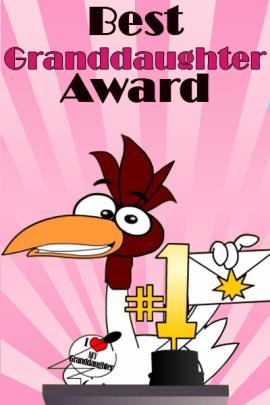 A chicken stands at the podium of an awards show, with a large, gold #1 trophy in front of it.