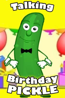 A cartoon pickle at a birthday party. It is wearing a bow tie, and has its hands on its hips. Talking Birthday Pickle appears in the foreground.