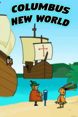 A beach where a colonizer and a Native American stand on a beach. Columbus's ships are in the water behind them. The colonizer is putting change in a parking meter, paying for parking for the ships.