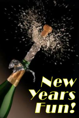 A freshly-opened bottle of champagne, where the champagne is exploding from the bottle, propelling the cork along with it. New Years Fun is written below the bottle.