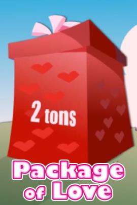 A gigantic red present covered with hearts, and labeled '2 tons.'