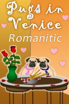 Two pugs sit at a table set with a bowl of bread sticks, and a vase of roses. The doggies lean together romantically.