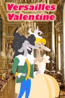 Two dogs dressed in the opulent style of Palace of Versailles era Parisians.