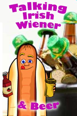 This talking holiday ecard features a hot dog. The hot dog in this tumbnail image wearing a green bowler hat, and holding a bottle of ketchup and mustard. There is a bucket behind him filled with bottles of champagne, and gold coins.