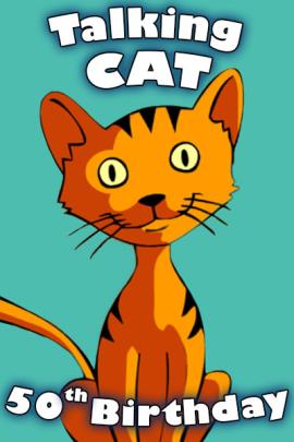 An orange cat with black stripes, smiling at the viewer. There is a birthday banner, and a birthday cake in the background.