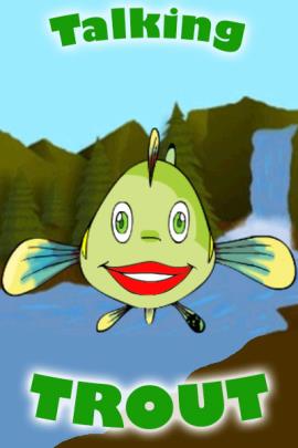A cartoon fish, smiling at the viewer. There is a stream, and trees in the background.
