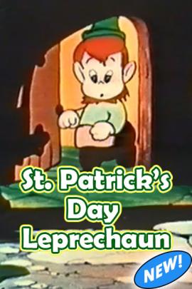 A leprechaun is next to a keg and holding a pint of ale. He dances a happy jig with a rainbow in the background.