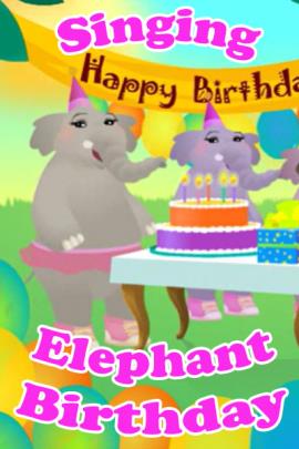 Two elephants behind a picnic table with birthday party decorations on the table and around the scene: ballons, a yellow Happy Birthday Banner and confetti. The elephants are wearing little cone birthday hats.
