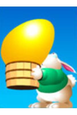 A bunny struggles to hold a basket with a giant yellow egg that barely fits inside of it.