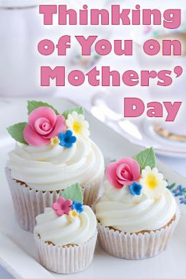 The thumbnail image for this free Mother's Day card features three beautifully decorated cupcakes with white icing, and flowers on top.