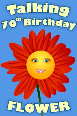 A red and orange flower, with a smiling face in the center of the blossom.  To the left of the flower, the words are Happy 70th Birthday.