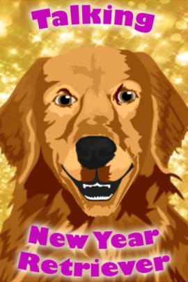 A cartoon golden retriever, with the ecard title New Year Retriever written around it.