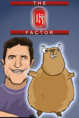 A groundhog performs in front of a talent show judge.