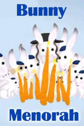 A family of bunnies gather around a menorah made of carrots.