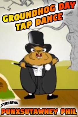 A grinning groundhog in a tuxedo dances for the viewer.