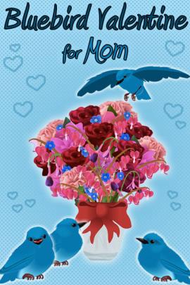 three bluebirds surround a vase full of colorful flowers, while another bluebird flits around the bouquet.