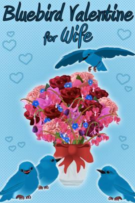three bluebirds surround a vase full of colorful flowers, while another bluebird flits around the bouquet.