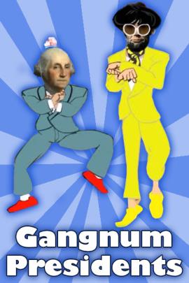 George Washington doing the Gangam Style dance with Abraham Lincoln wearing the iconic yellow suit of the back up dancer from the famous Gangnum Style music video. Rays of two shades of blue radiate from behind them.