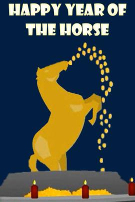 A golden horse statue. It is standing up on its back legs, and gold coins are pouring out of its mouth.