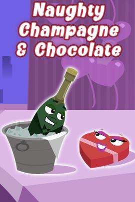 A bottle of champagne soaks in a bucket of ice, while a heart-shaped box of chocolates sits on the table beside it. They share a lusty look between them. 