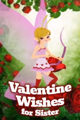 A tiny fairy in a heart covered skirt plays cupid with a bow and arrow.