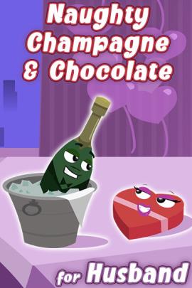 A bottle of champagne soaks in a bucket of ice, while a heart-shaped box of chocolates sits on the table beside it. They share a lusty look between them. 