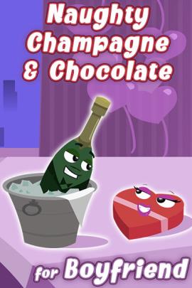 A bottle of champagne soaks in a bucket of ice, while a heart-shaped box of chocolates sits on the table beside it. They share a lusty look between them. 