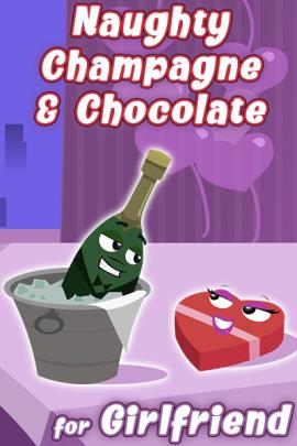 A bottle of champagne soaks in a bucket of ice, while a heart-shaped box of chocolates sits on the table beside it. They share a lusty look between them. 