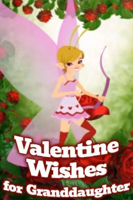 A tiny fairy in a heart covered skirt plays cupid with a bow and arrow.