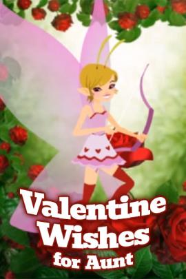 A tiny fairy in a heart covered skirt plays cupid with a bow and arrow.