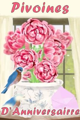 A bluebird stands in front of a huge bouquet of pink flowers.