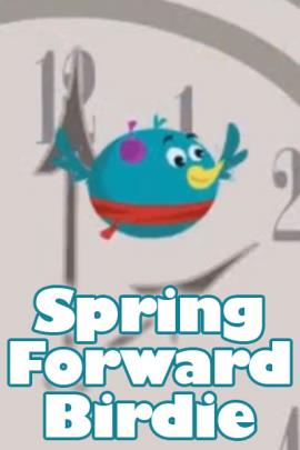 A round little bluebird flies in front of a clock face.