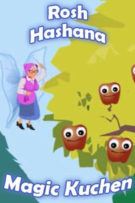 A grandmotherly fairy waves her wand over some apples on a tree. The apples have happy, smiling faces.