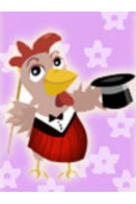 A rooster with a top hat and cane dances and smiles at the viewer. 