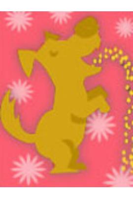 A golden dog with gold coins pouring out of its mouth.