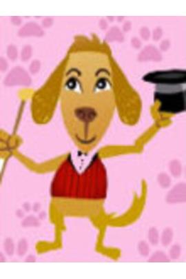 A dog dances cheerfully, holding a cane and top hat in his hands. 