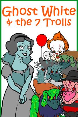 A ghostly Snow White in a tattered dress. She is accompanied by seven creatures. Several are trolls, but a few are villains from popular horror movies,